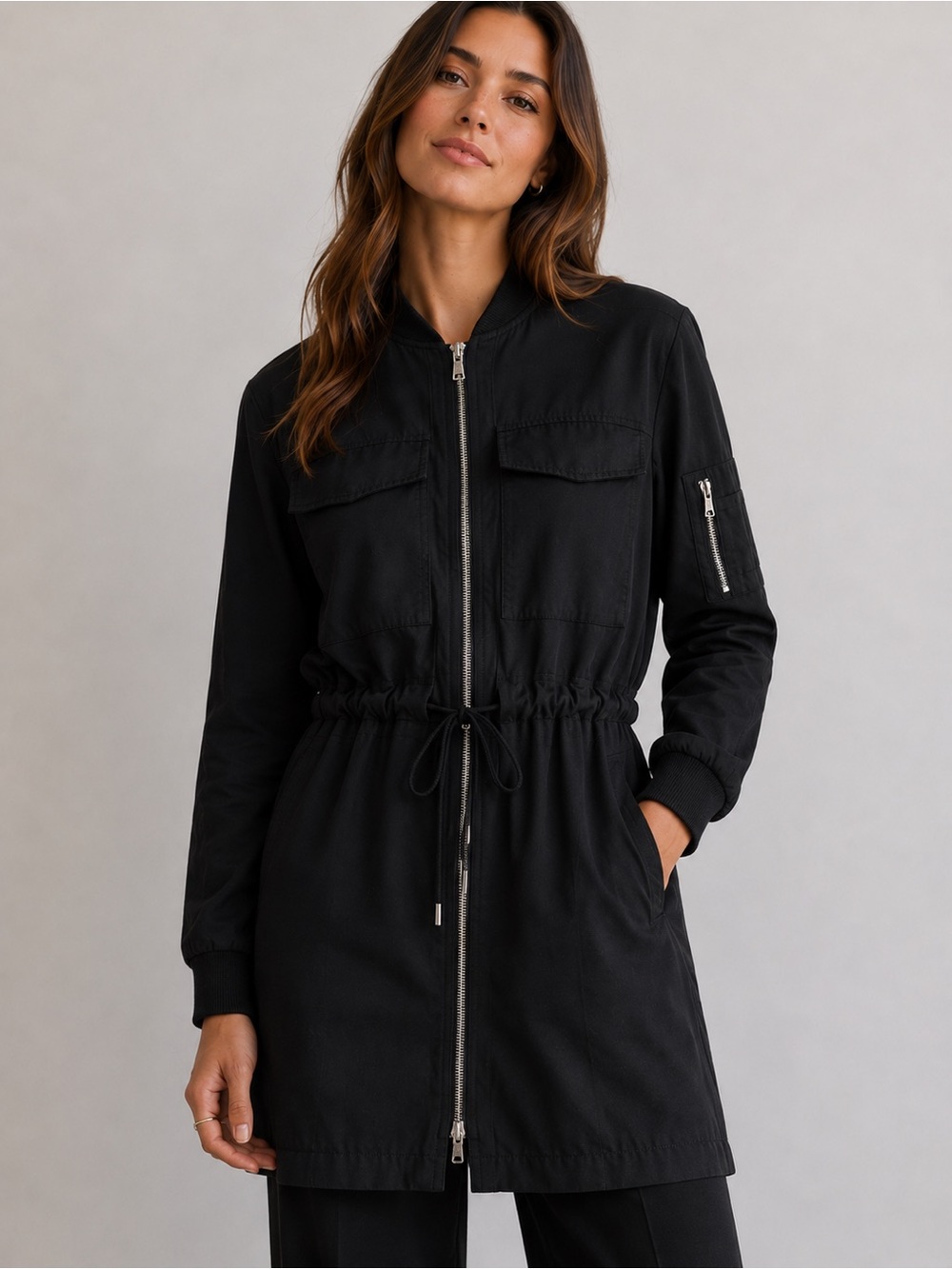 Zara TRF Black Drawstring Waist Longline Bomber Fall Jacket Silver Detail XS